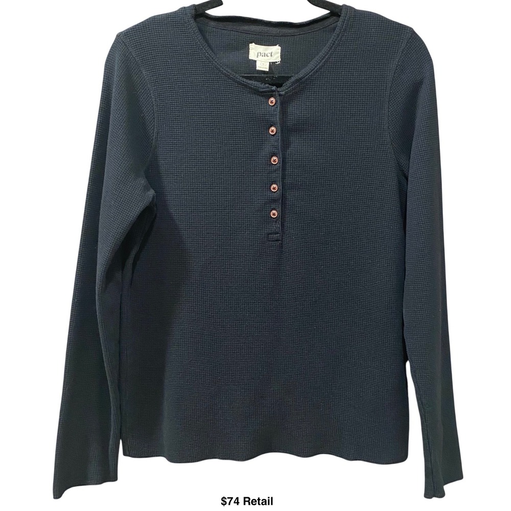 PACT Thermal Waffle Knit Henley Top Size M Black Organic Cotton Gorpcore Minimal